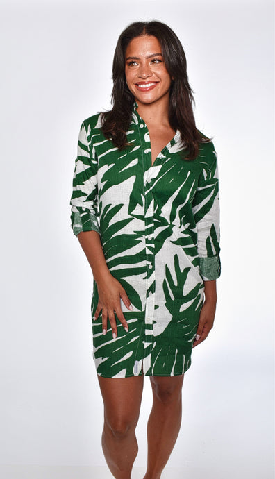 GREEN LEAF PRINT LINEN GIRLFRIEND DRESS
