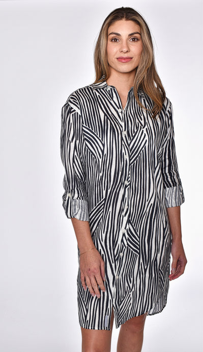 NAVY ZEBRA LINEN GIRLFRIEND DRESS