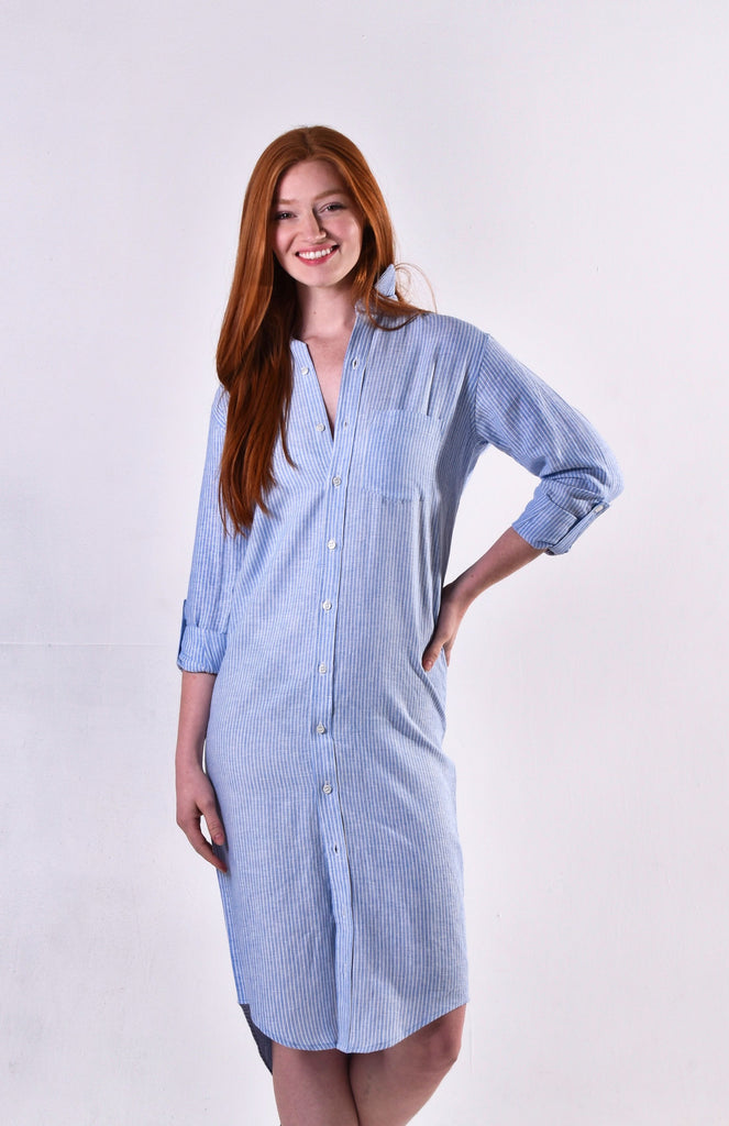 White & Blue Stripe Linen Girlfriend Midi Dress 2 (XS)