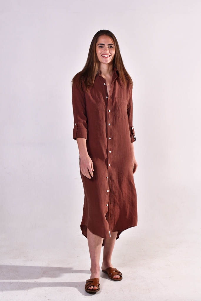 Brown Washed Linen Girlfriend Midi Dress 5 (L)