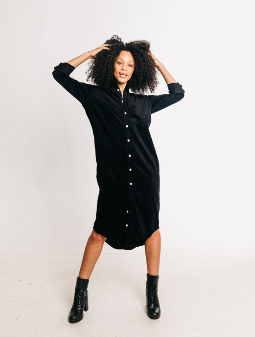 BLACK BABY CORD GIRLFRIEND MIDI DRESS