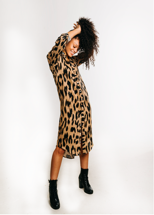 CHEETAH LINEN GIRLFRIEND MIDI DRESS