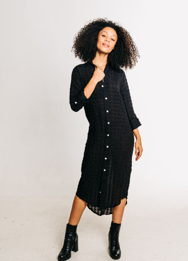 BLACK BUBBLE LINEN GIRLFRIEND MIDI DRESS