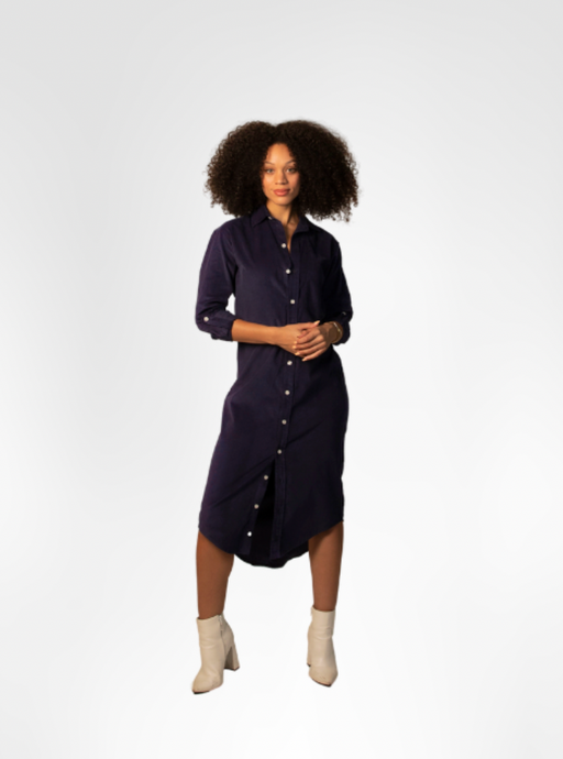 NAVY BABYCORD GIRLFRIEND MIDI DRESS