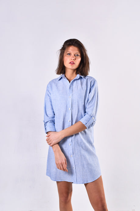 BLUE & WHITE STRIPE LINEN GIRLFRIEND DRESS