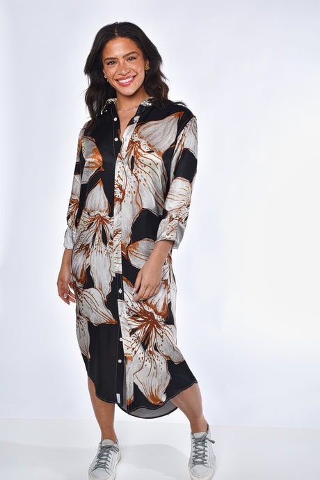 BLACK AND WHITE BIG FLOWER TENCEL MIDI DRESS