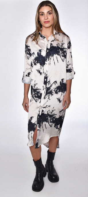 BLACK AND WHITE TIE DYE TENCEL MIDI DRESS