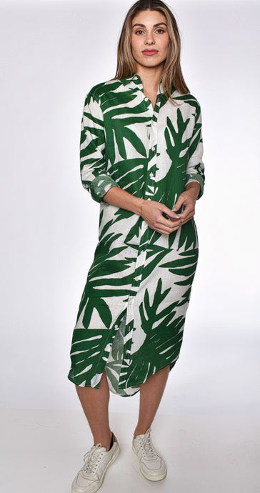 GREEN LEAF PRINT LINEN GIRLFRIEND MIDI DRESS