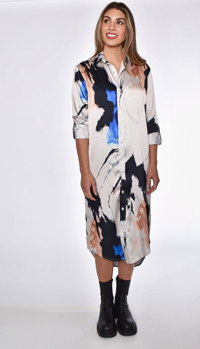 BLACK AND BLUE SPLATTER TENCEL MIDI DRESS