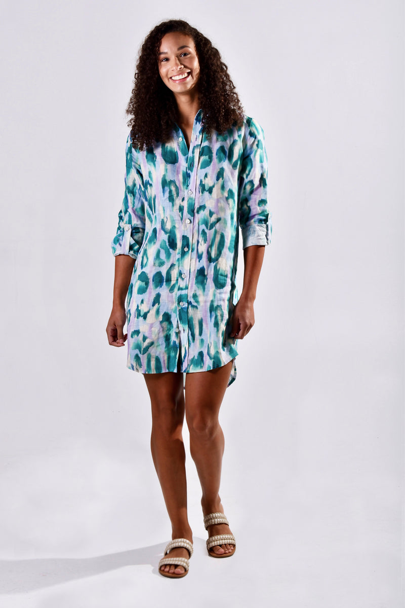 TEAL BLUE CHEETAH LINEN GIRLFRIEND DRESS 4 (M)