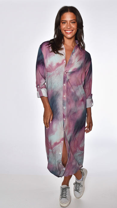 BLUE AND PURPLE MARBLE TENCEL MIDI DRESS