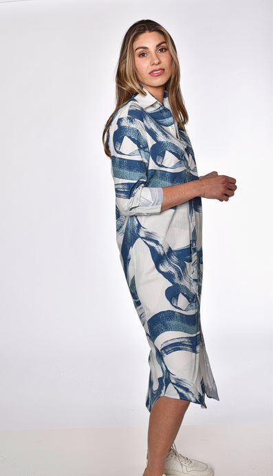 AQUA AND WHITE SNAKES COTTON GIRLFRIEND MIDI DRESS