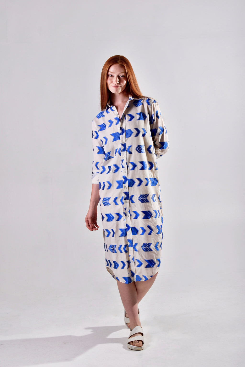 BLUE & WHITE ARROWS COTTON GIRLFRIEND MIDI DRESS