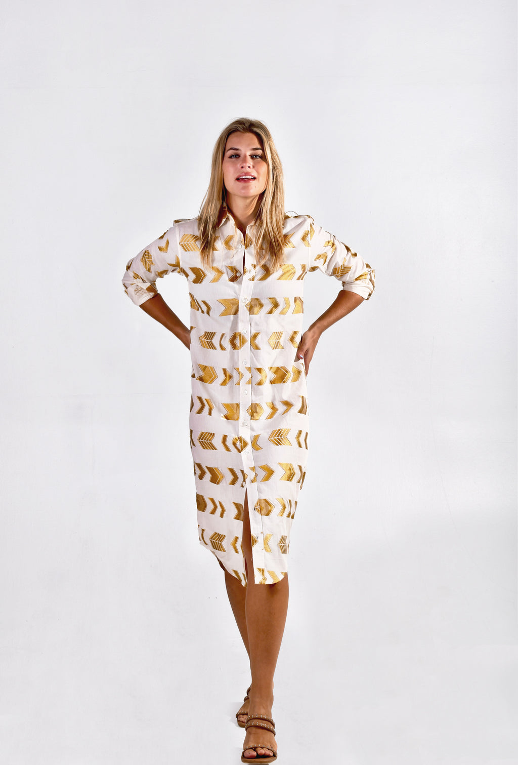 GOLD & WHITE ARROWS COTTON GIRLFRIEND MIDI DRESS