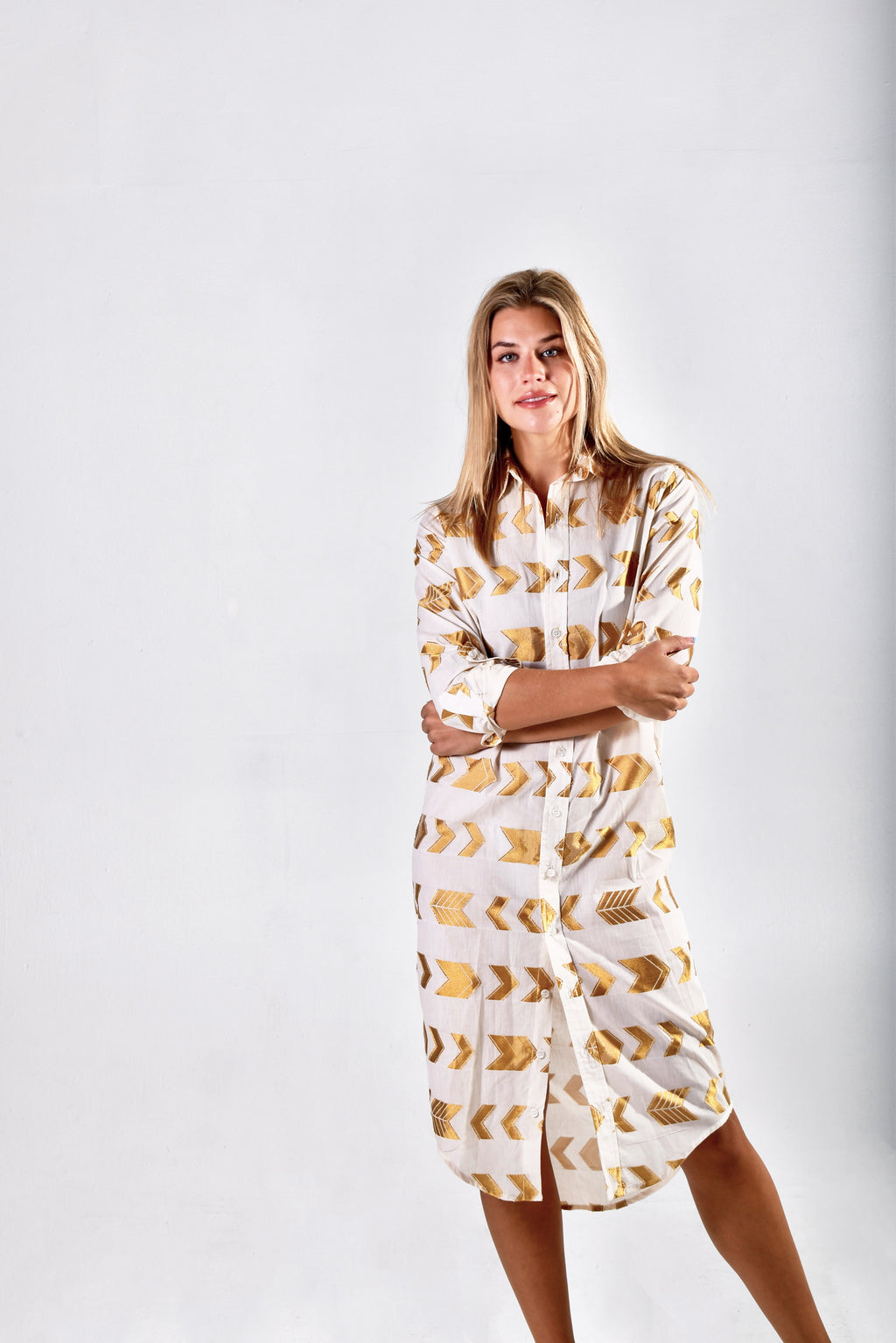 GOLD & WHITE ARROWS COTTON GIRLFRIEND MIDI DRESS