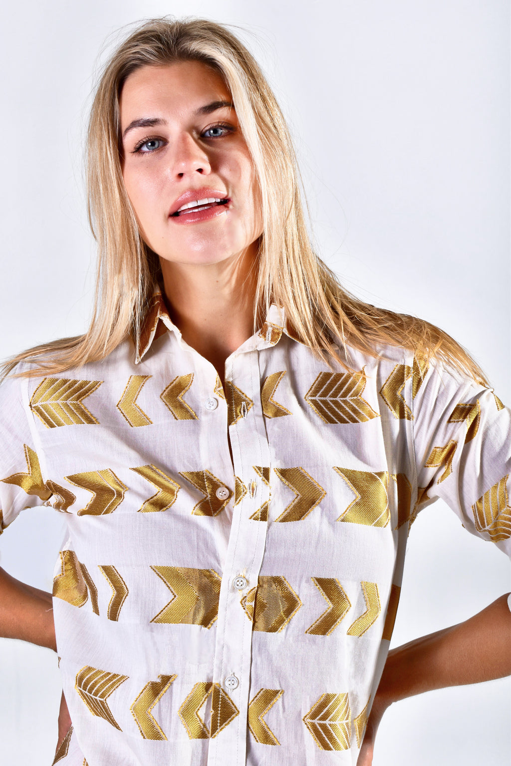 GOLD & WHITE ARROWS COTTON GIRLFRIEND MIDI DRESS