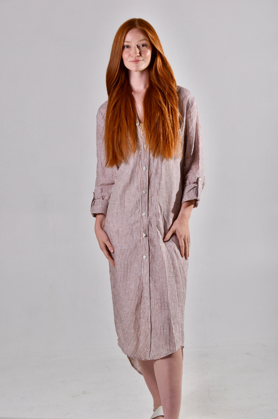 BROWN AND White STRIPE LINEN GIRLFRIEND MIDI DRESS 5 (L) BROWN AND White STRIPE LINEN GIRLFRIEND MIDI DRESS 5 (L)