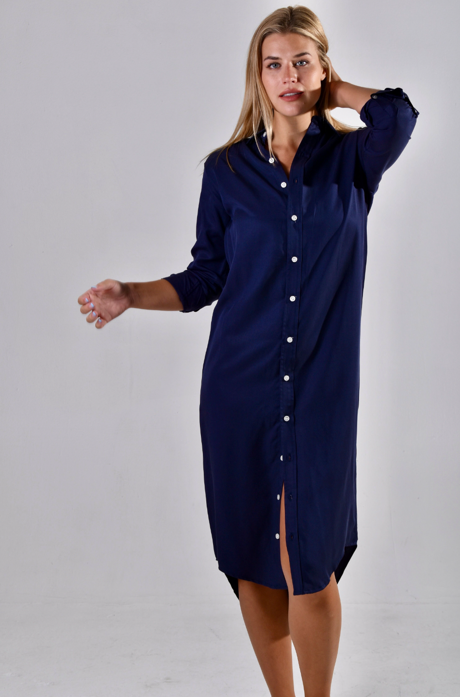Navy Tencel Girlfriend Midi Dress Navy Tencel Girlfriend Midi Dress