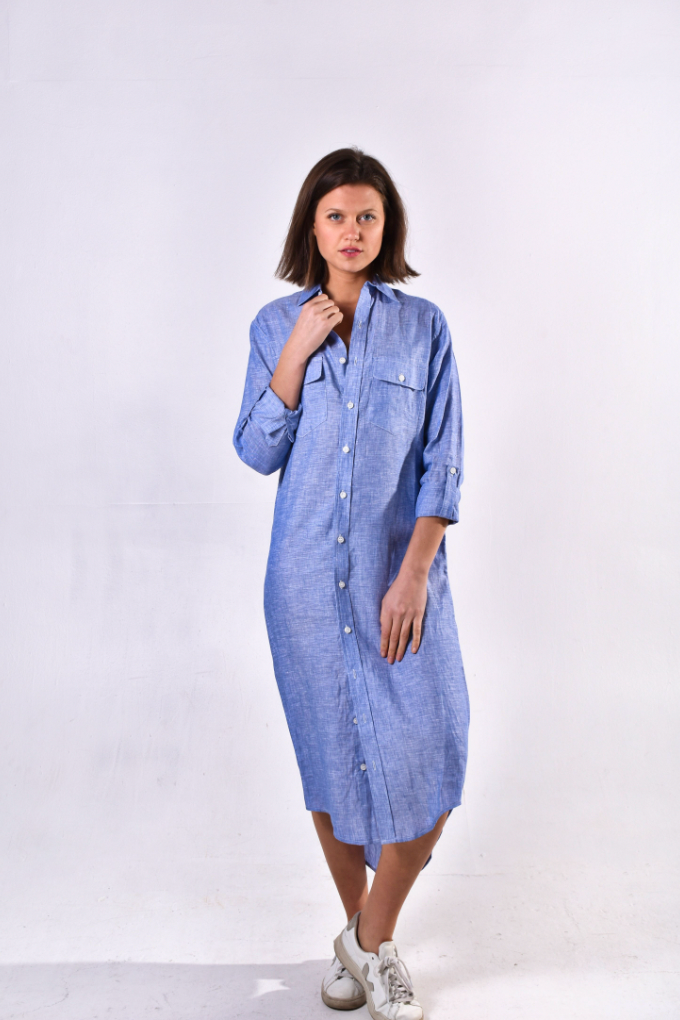 SKY BLUE LINEN GIRLFRIEND MIDI DRESS