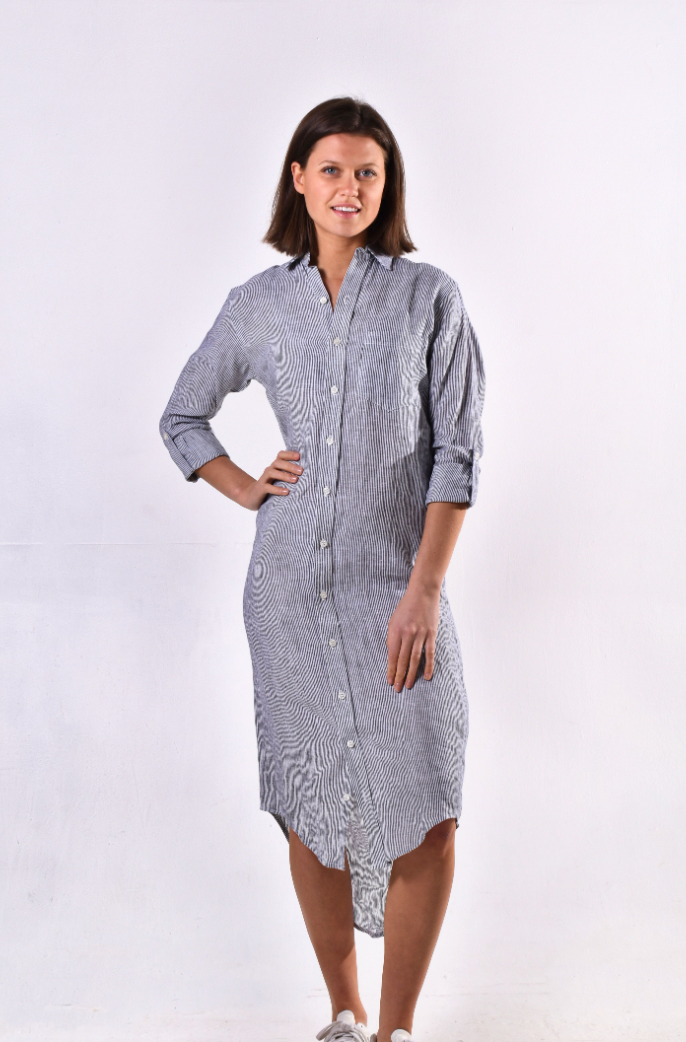 White/Black Stripe Linen Girlfriend Midi Dress 2 (XS)