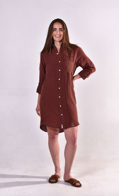 BROWN WASHED LINEN GIRLFRIEND DRESS