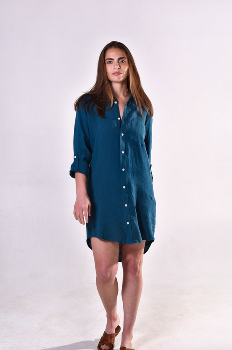 TEAL WASHED LINEN GIRLFRIEND DRESS