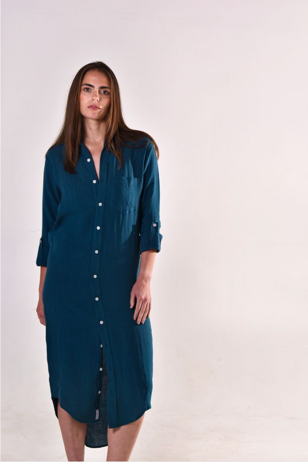 TEAL WASHED LINEN GIRLFRIEND MIDI DRESS 1 (XXS) TEAL WASHED LINEN GIRLFRIEND MIDI DRESS 1 (XXS)
