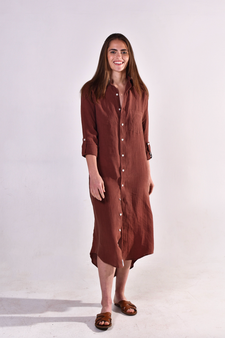 BROWN WASHED LINEN GIRLFRIEND MIDI DRESS