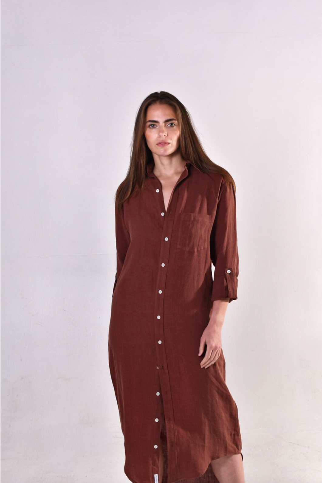 Brown Washed Linen Girlfriend Midi Dress 5 (L) Brown Washed Linen Girlfriend Midi Dress 5 (L)