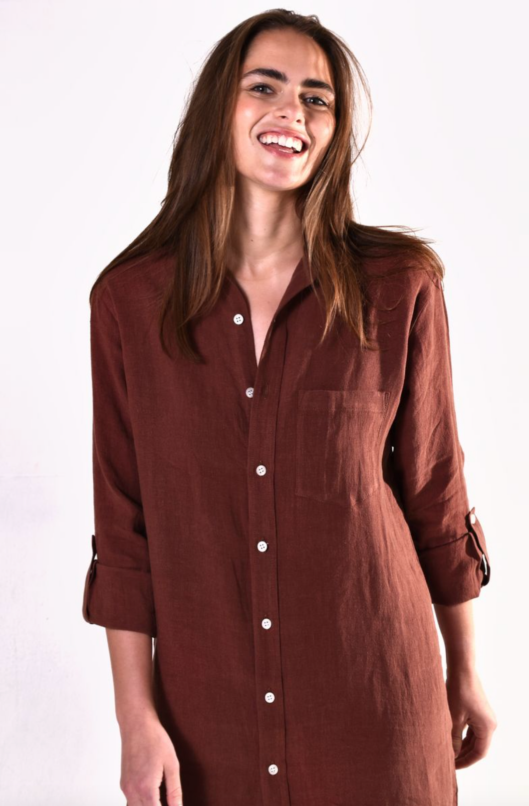 Brown Washed Linen Girlfriend Midi Dress 5 (L) Brown Washed Linen Girlfriend Midi Dress 5 (L)