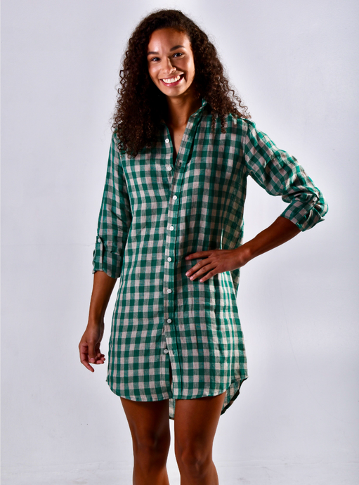 GREEN/TAN CHECK LINEN GIRLFRIEND MINI DRESS