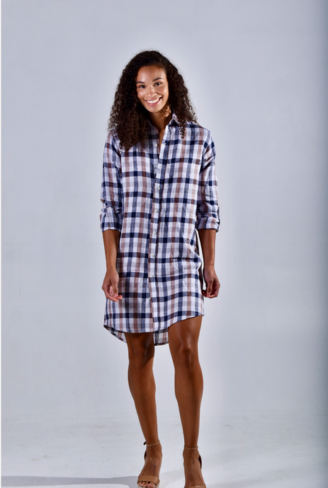 NAVY/BROWN/WHITE CHECK LINEN GIRLFRIEND MINI DRESS