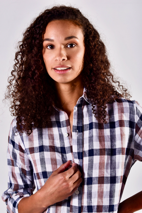 NAVY/BROWN/WHITE CHECK LINEN GIRLFRIEND MIDI DRESS