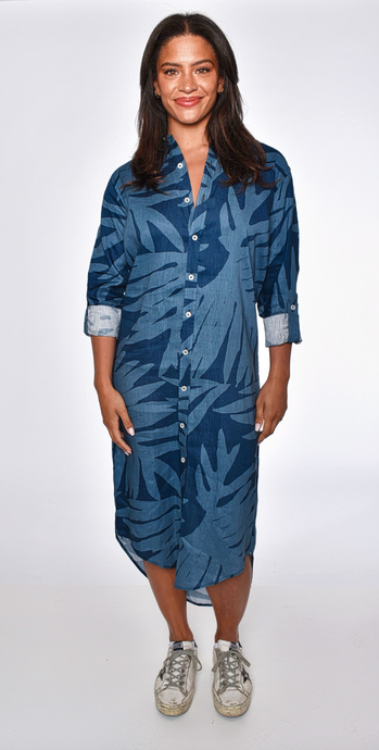 BLUE LEAF PRINT GIRLFRIEND MIDI DRESS