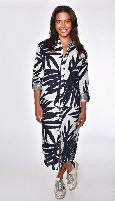 NAVY LEAF PRINT GIRLFRIEND MIDI DRESS