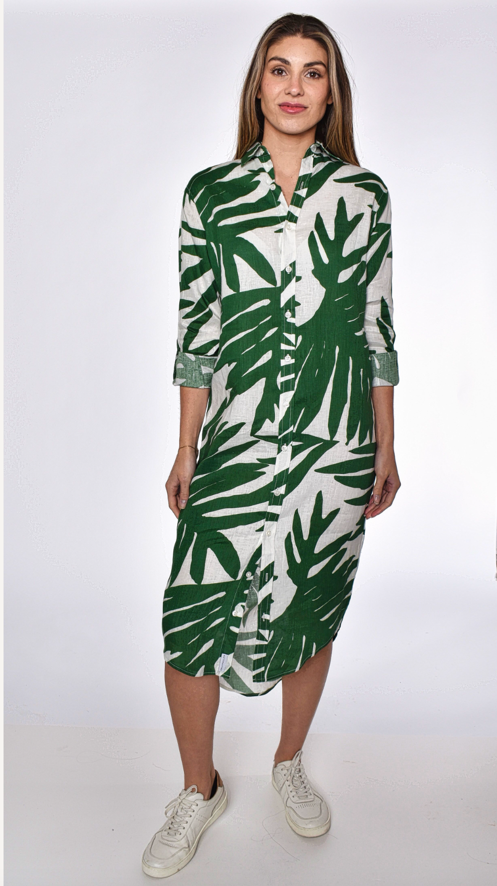 GREEN LEAF PRINT LINEN GIRLFRIEND MIDI DRESS 3 (S) GREEN LEAF PRINT LINEN GIRLFRIEND MIDI DRESS 3 (S)