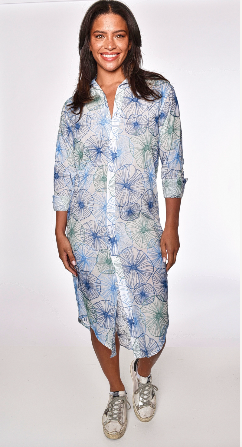 BLUE / GREEN EMBROIDERED FLOWERS GIRLFRIEND MIDI DRESS – E M I L Y P H I L  L I P S