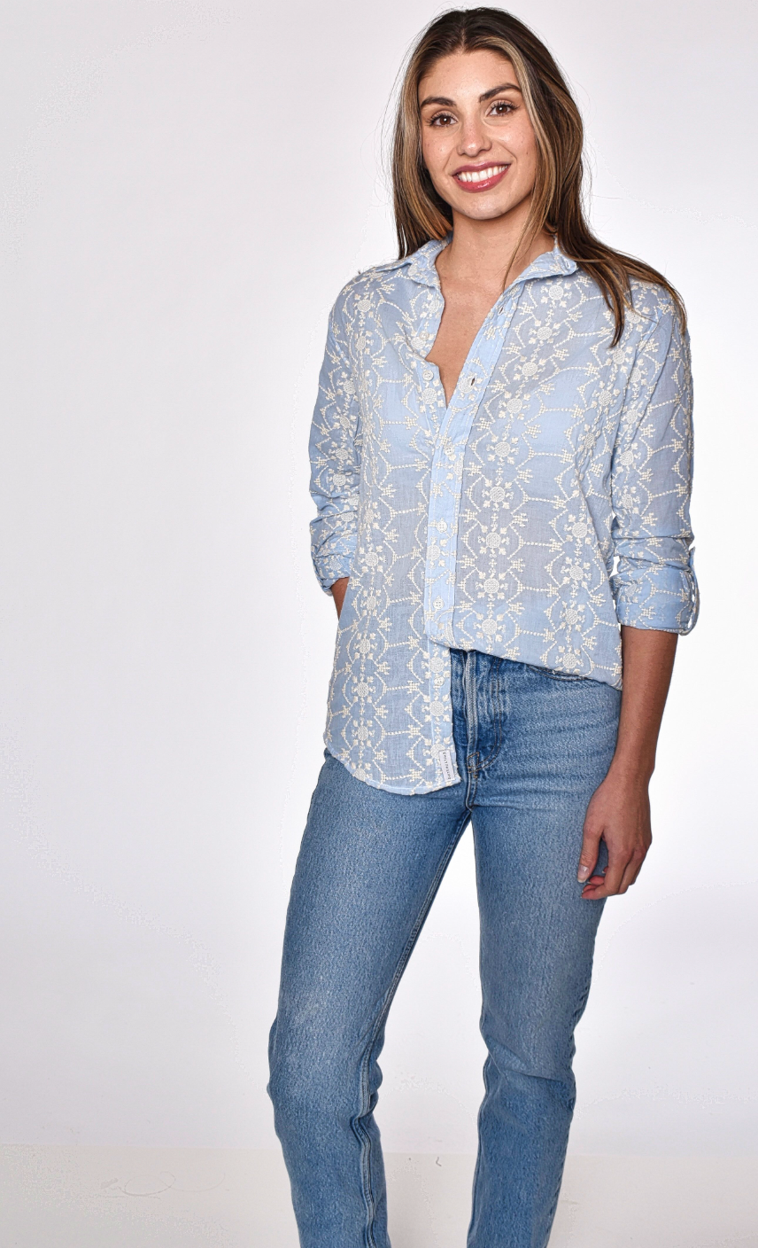 BLUE/CREAM COTTON EMBROIDERY GIRLFRIEND SHIRT