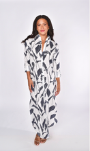 WHITE LINEN NAVY PALMS GIRLFRIEND MAXI DRESS