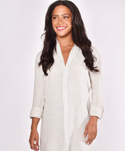 WHITE AND KHAKI STRIPED LINEN GIRLFRIEND MIDI DRESS