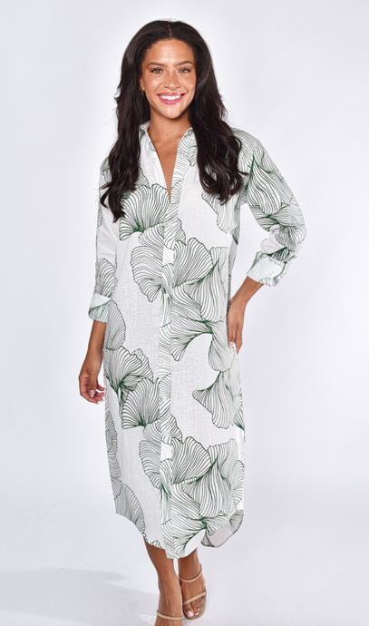 WHITE AND GREEN LEAF GINKGO LINEN GIRLFRIEND MIDI DRESS