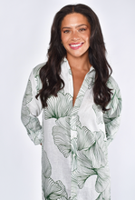 WHITE AND GREEN LEAF GINKGO LINEN GIRLFRIEND MIDI DRESS