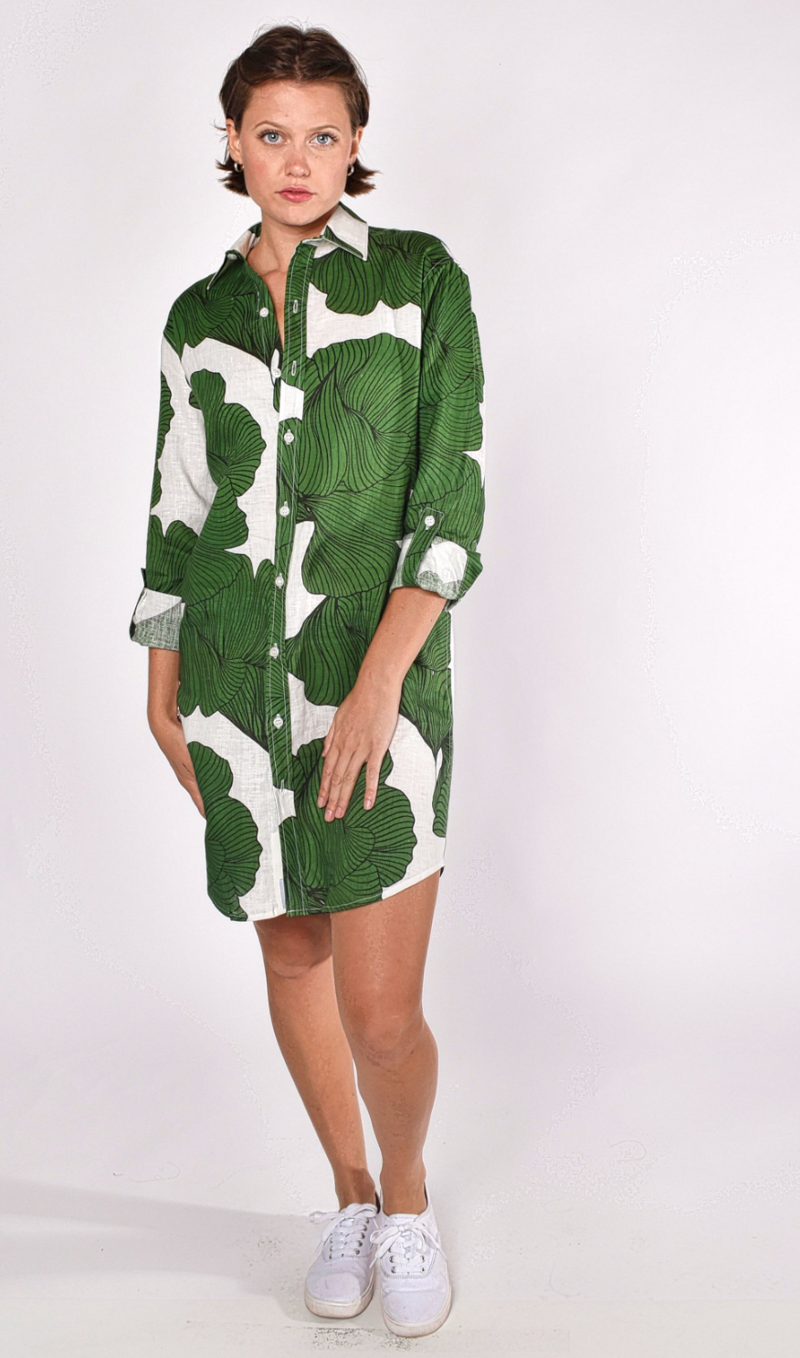 GREEN LEAF GINKO LINEN GIRLFRIEND MINI DRESS