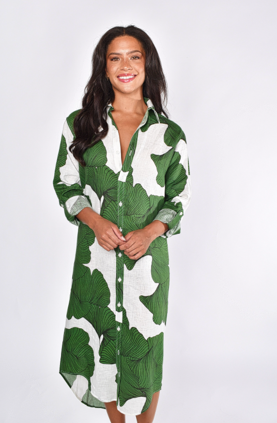 green leaf dress GREEN LEAF GINKGO LINEN GIRLFRIEND MIDI DRESS 7 (XXL)