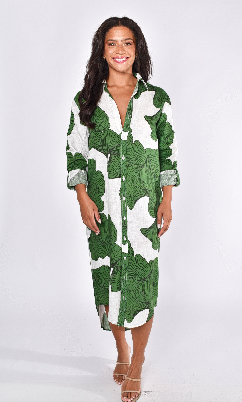 GREEN LEAF GINKGO LINEN GIRLFRIEND MIDI DRESS