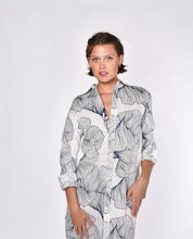 WHITE AND NAVY GINKGO LINEN MIDI DRESS