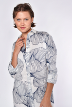 WHITE AND NAVY GINKGO LINEN MIDI DRESS