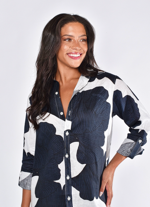 NAVY LEAF GINKGO LINEN GIRLFRIEND SHIRT