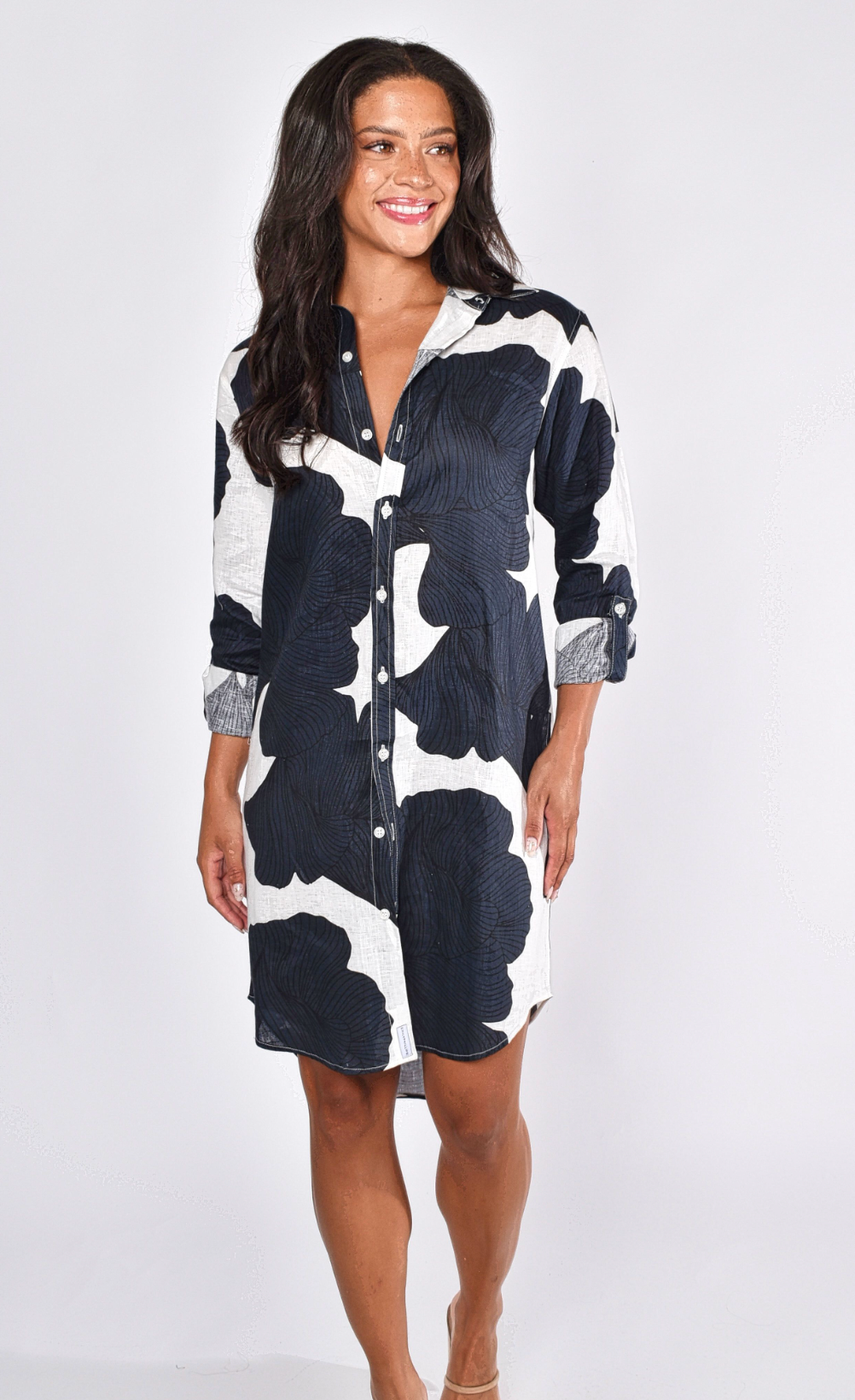 NAVY LEAF GINKGO LINEN GIRLFRIEND MINI DRESS