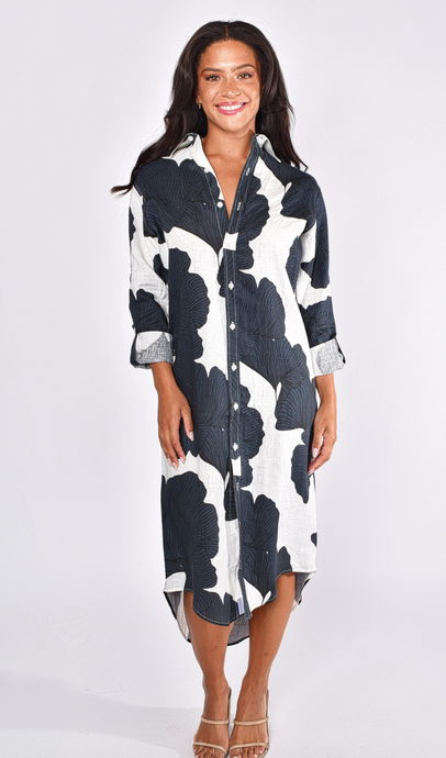 NAVY LEAF GINKGO LINEN GIRLFRIEND MIDI DRESS